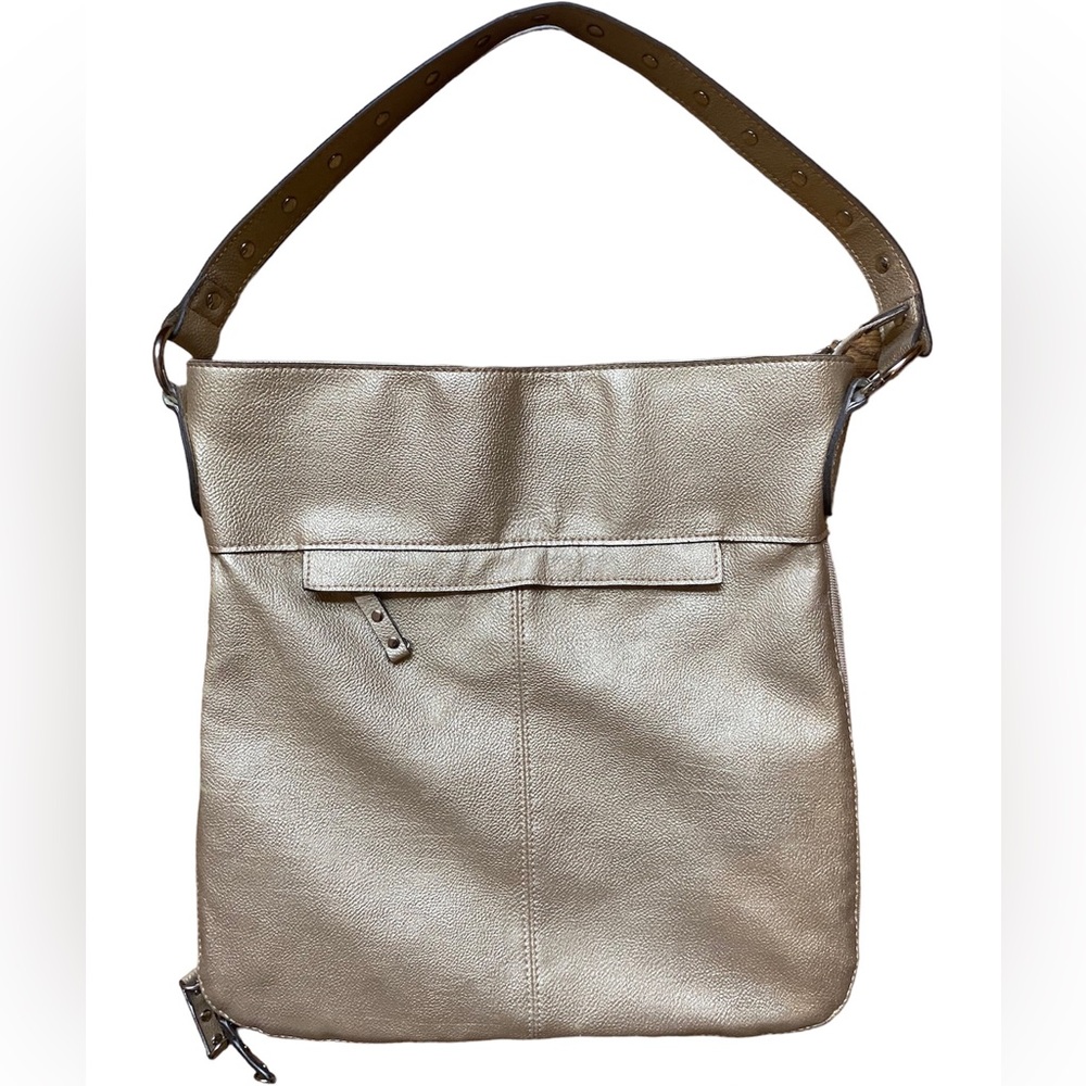 Emilie M Gold Pebbled Leather Shoulder Purse Adjustable Width Zipper Closure